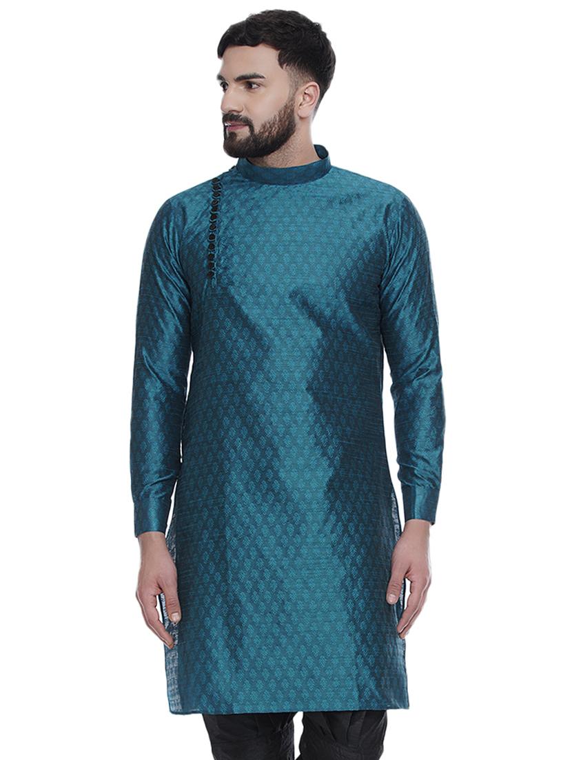 blue jacquard silk blend medium length kurta - 16979471 -  Zoom Image - 0