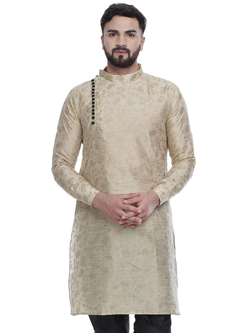 beige printed silk blend medium length kurta