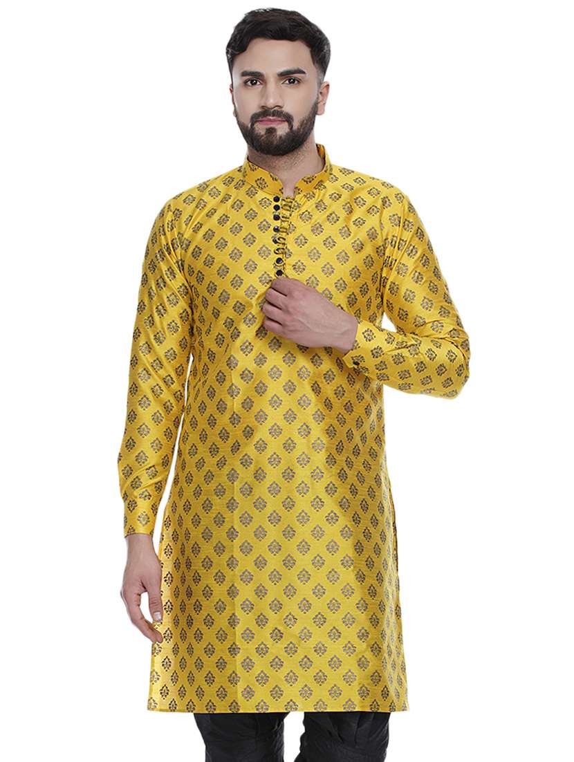 yellow printed silk blend medium length kurta