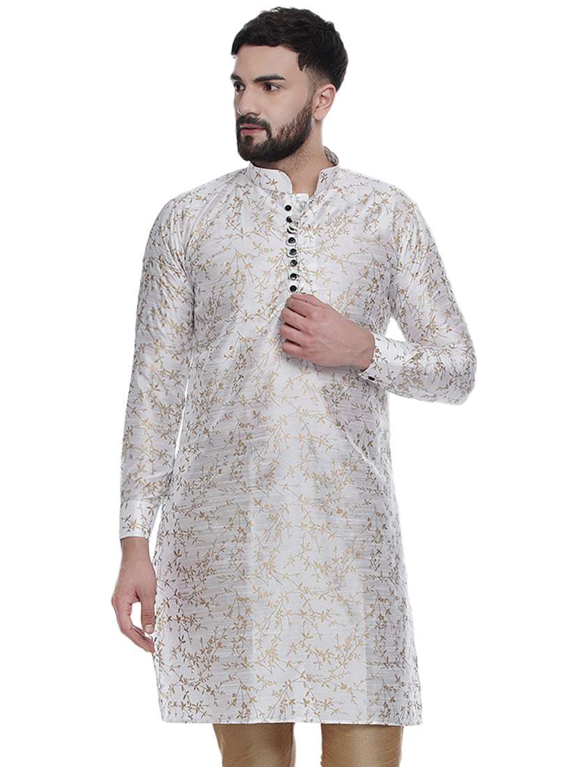 white self-designed silk medium kurta