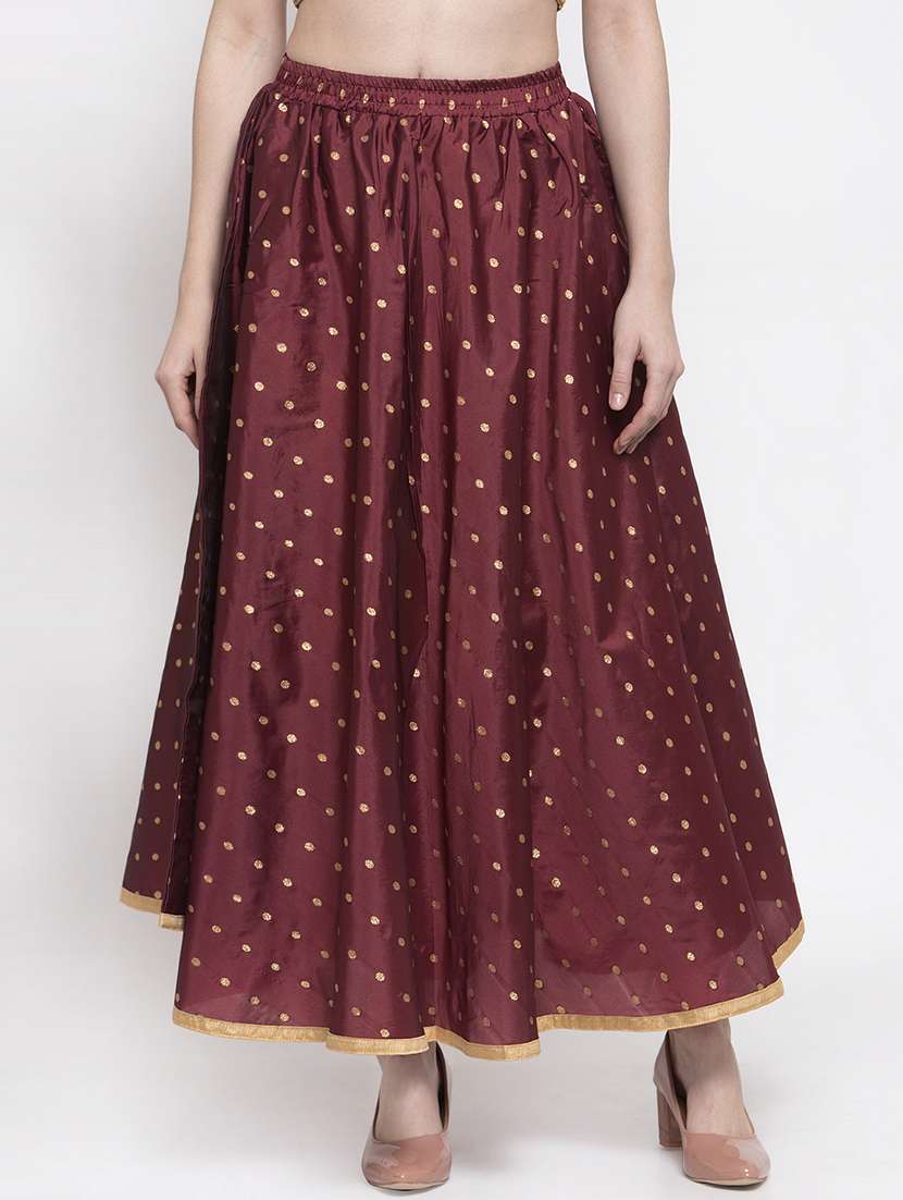 maroon silk blend flared skirt