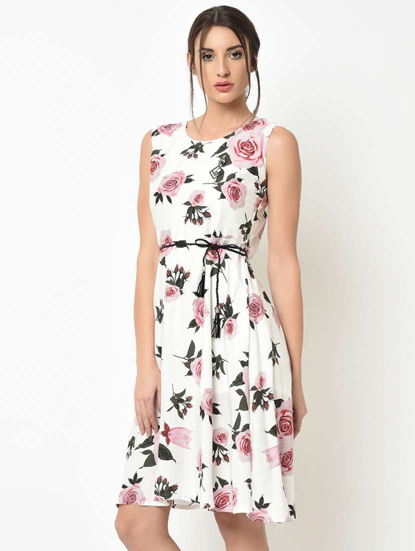 round neck floral belted dress 