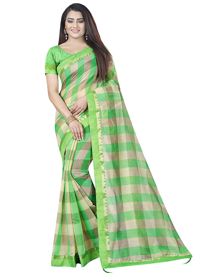 women's checks green colored saree with blouse - 17005836 - Zoom Image - 0