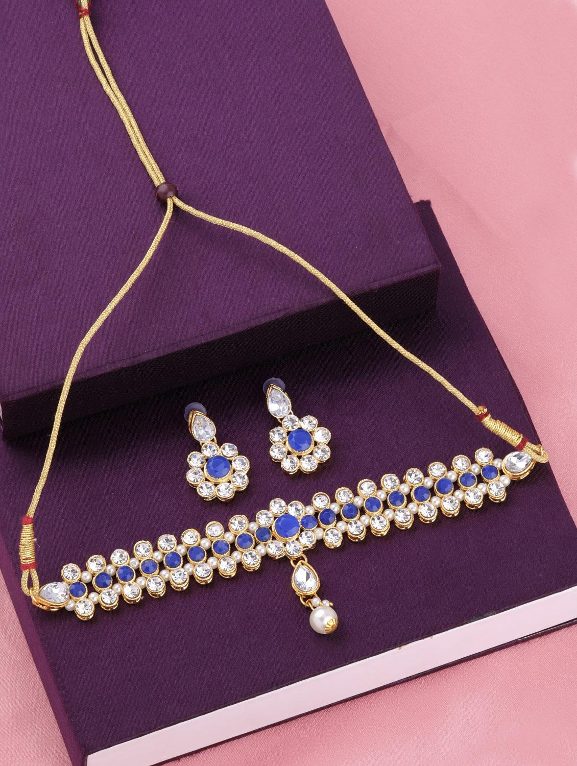 blue metal choker necklace with earring