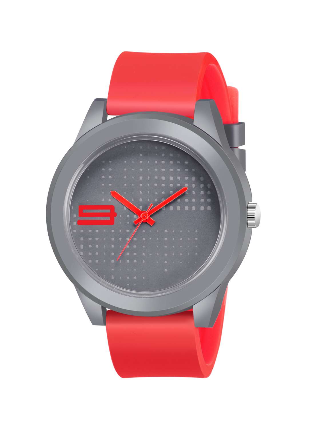 fashionable grey round dial & red leather strap watch for men