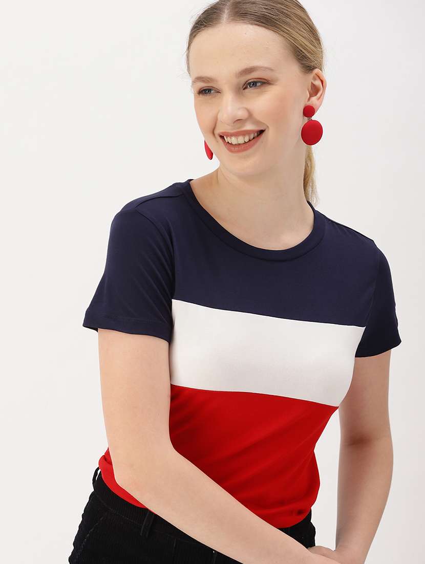 women's color block round neck t-shirt