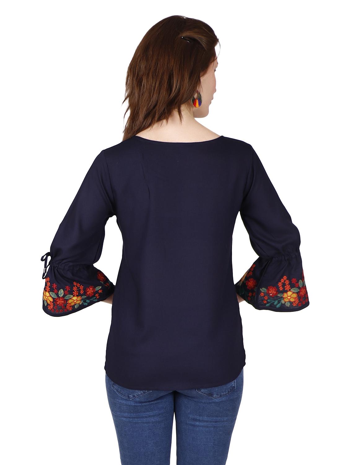 embroidered sleeves solid top - 17030009 - Standard Image - 2