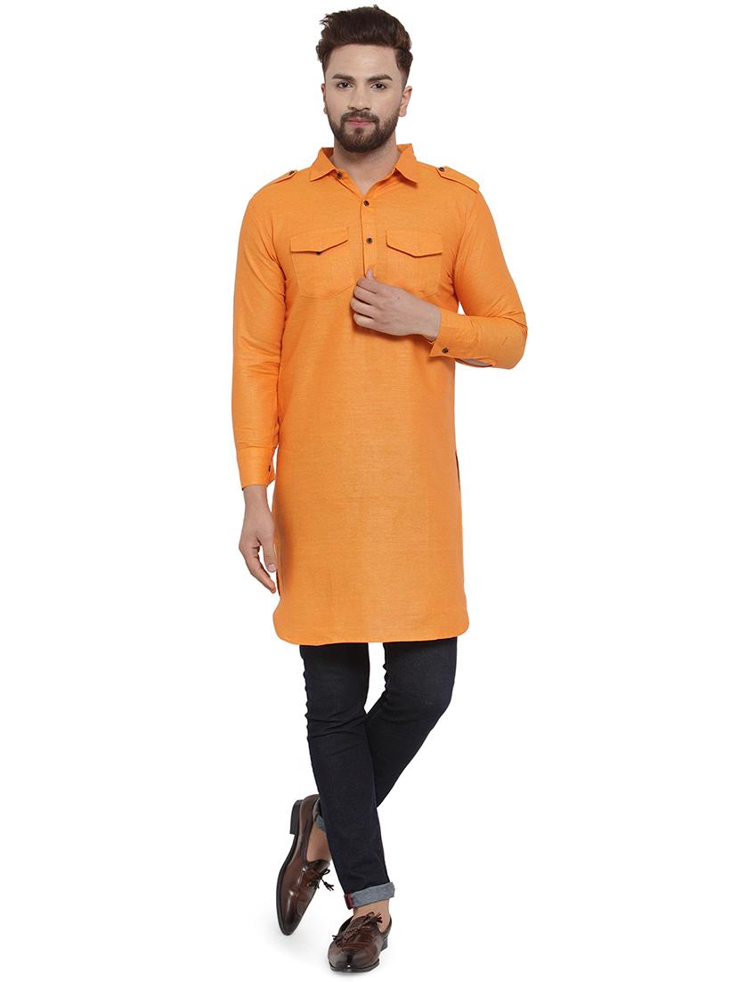 orange solid pathani kurta - 17030849 - Zoom Image - 0
