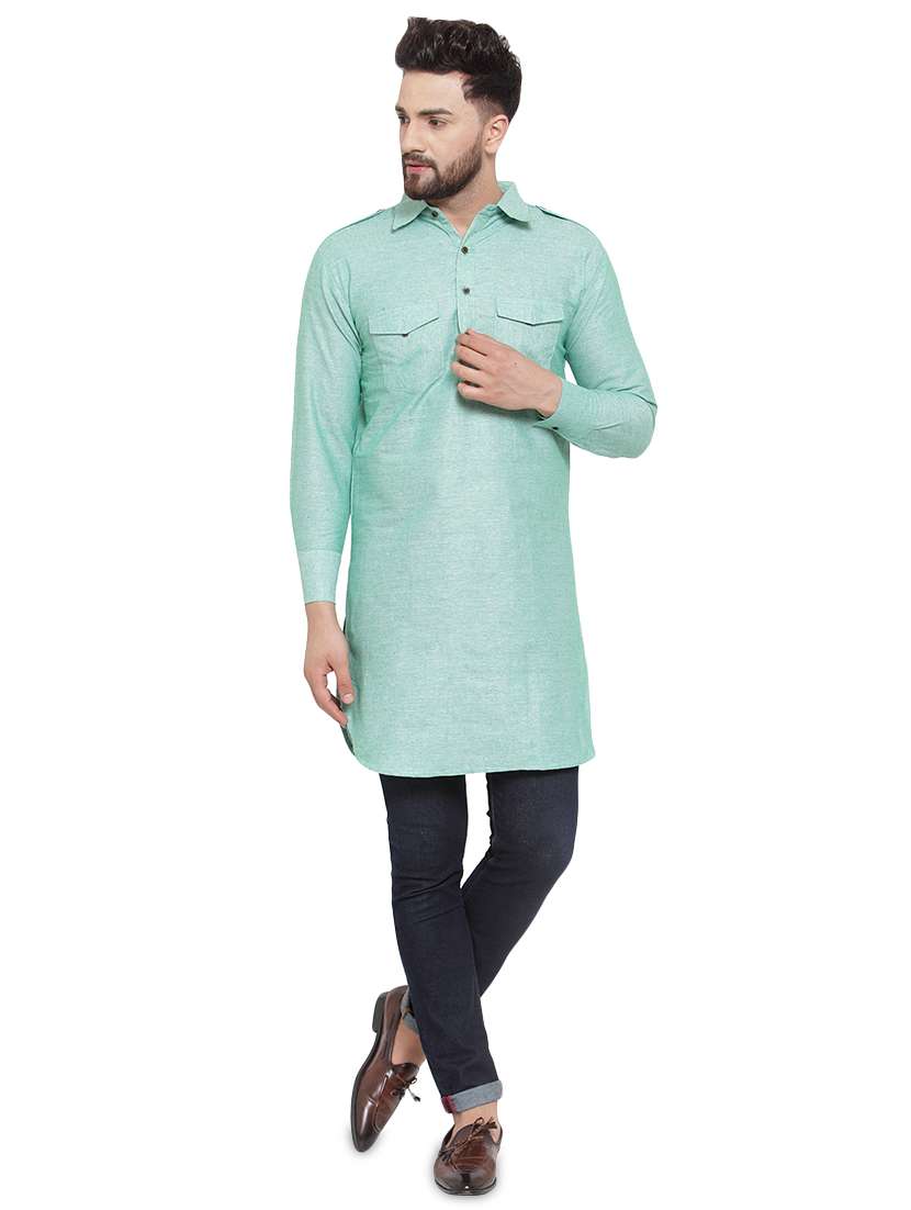 green solid pathani kurta - 17030852 -  Zoom Image - 0
