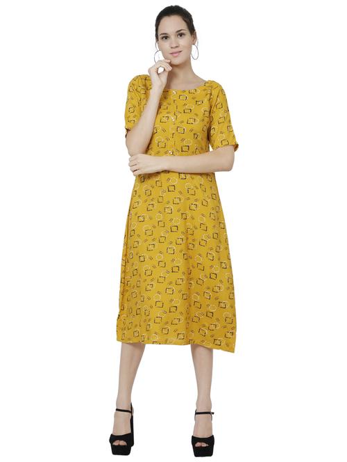 women yellow printed short sleeve a-line dress - 17059279 - Standard Image - 0