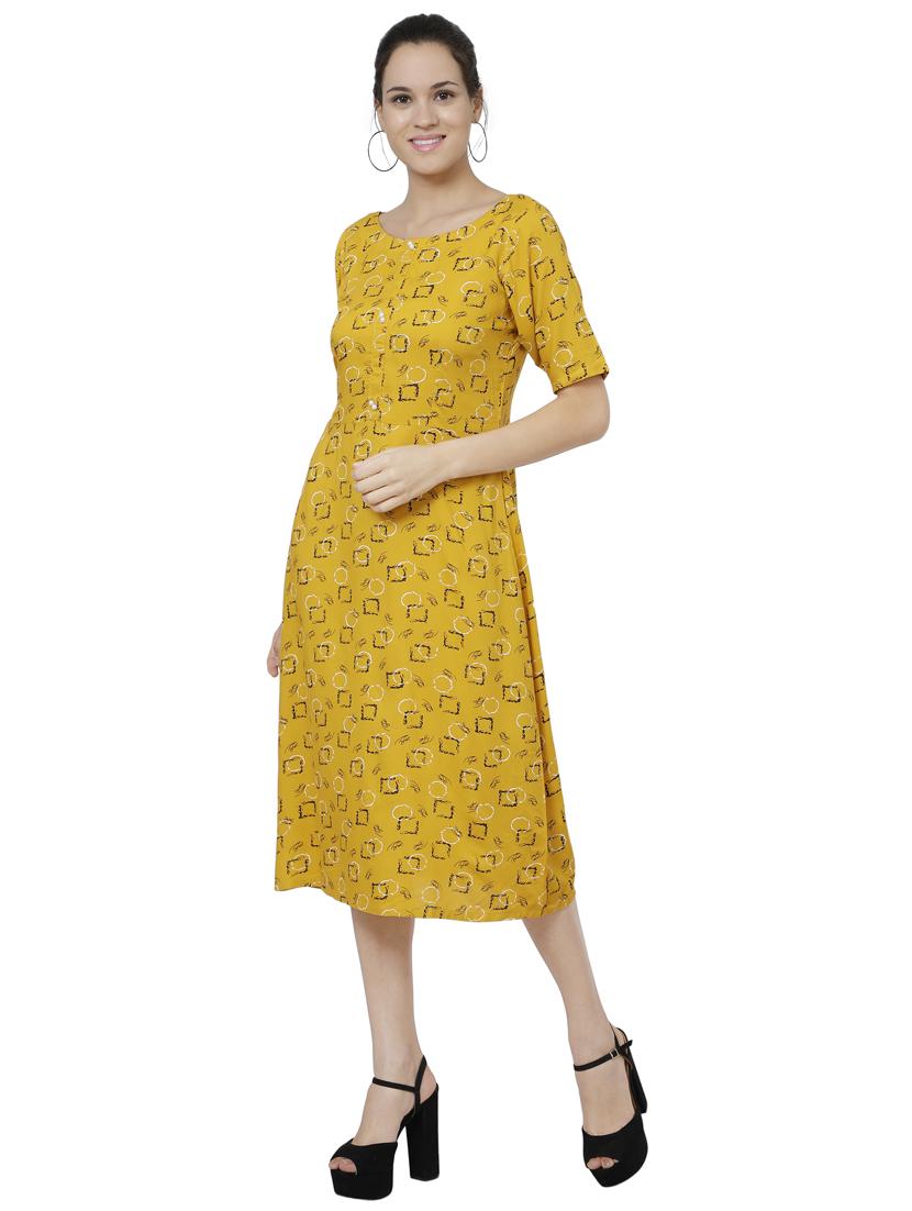 women yellow printed short sleeve a-line dress - 17059279 - Standard Image - 2