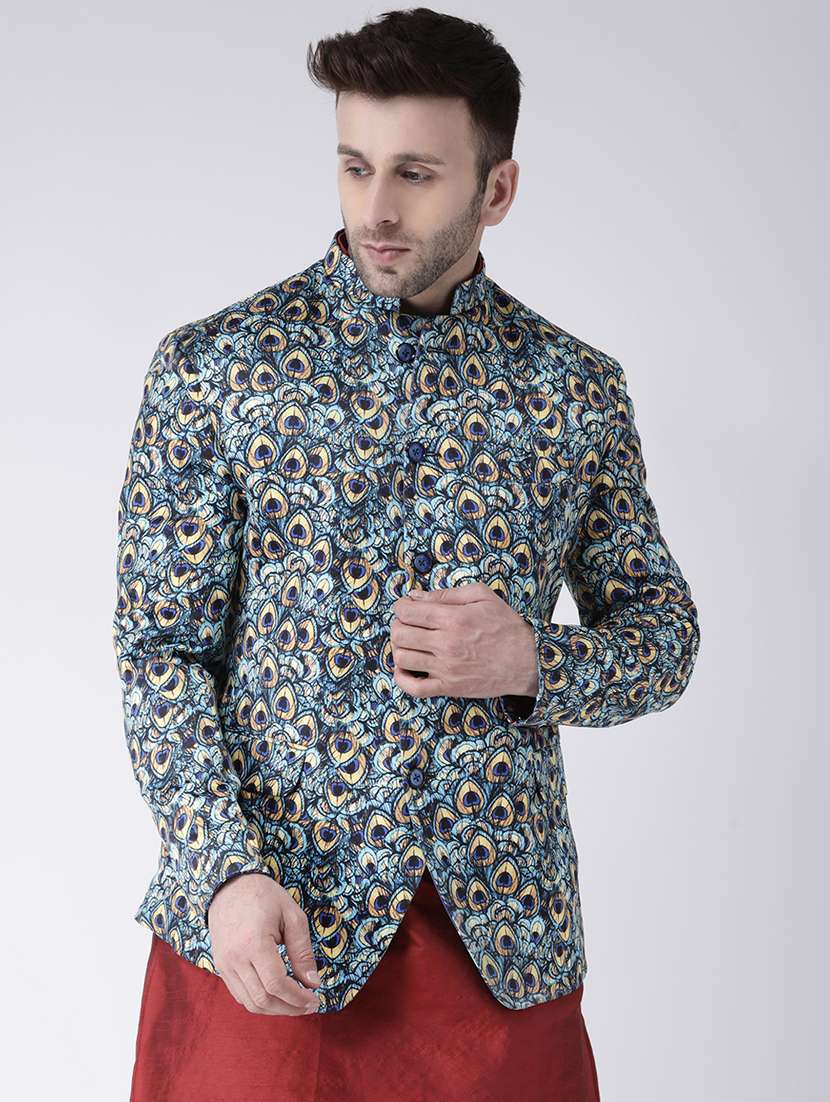 blue printed bandhgala casual blazer