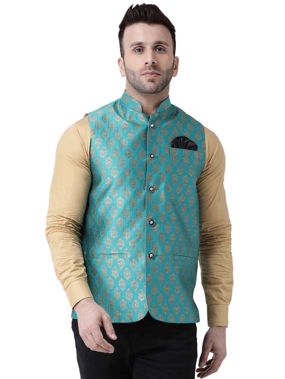 blue brocade nehru jacket