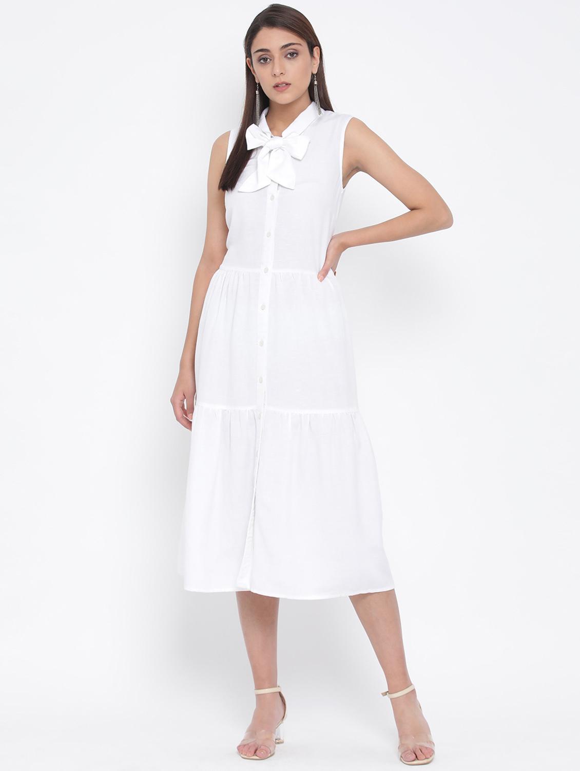 tie up neck button-up a-line dress 