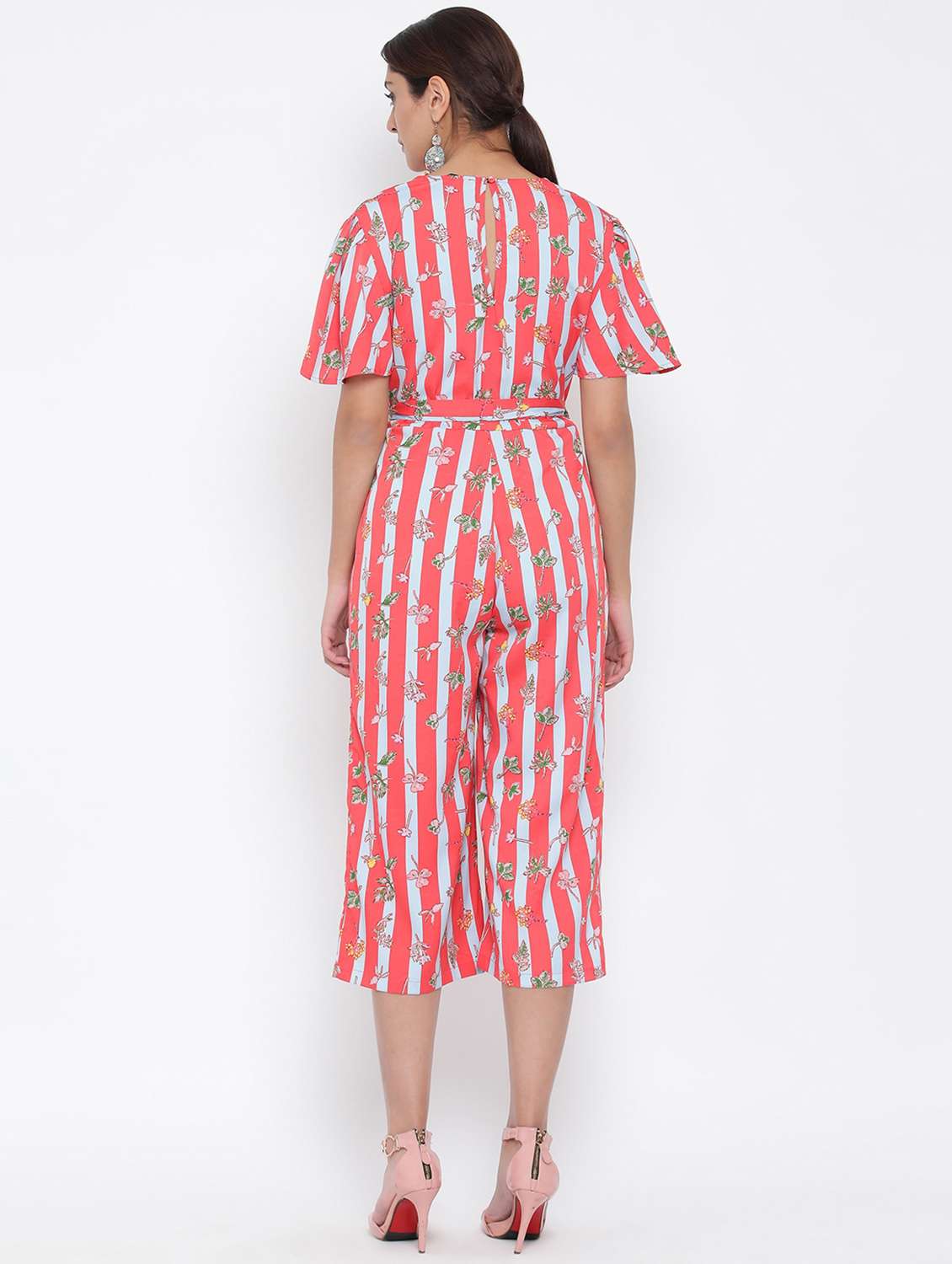 tie front striped knee length jumpsuit - 17074146 - Standard Image - 2