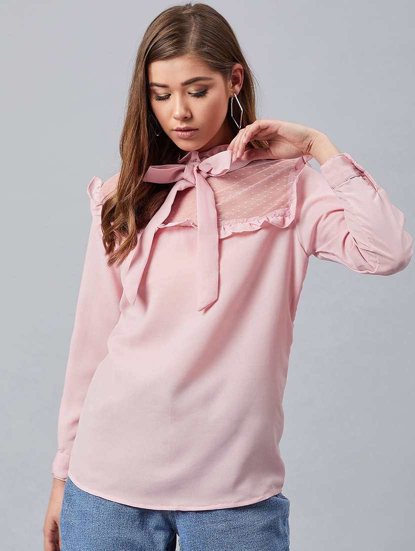 frill detail tie up neck top 