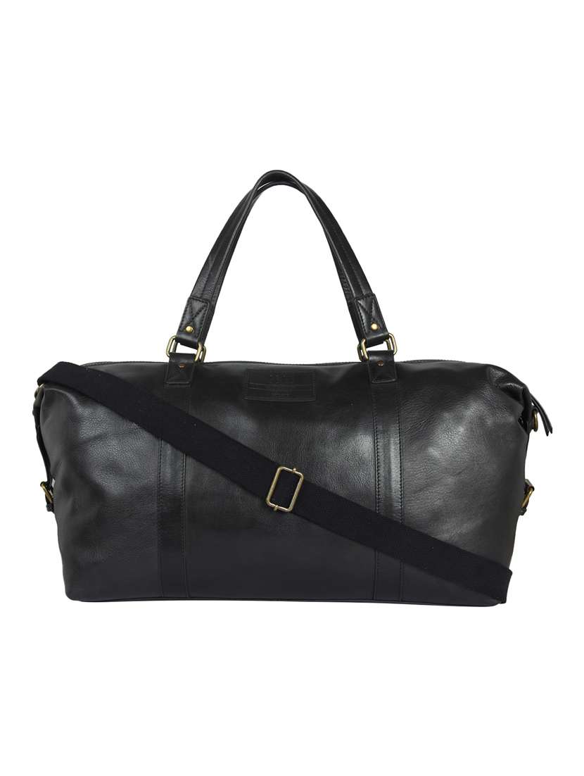 black leather dufflebag