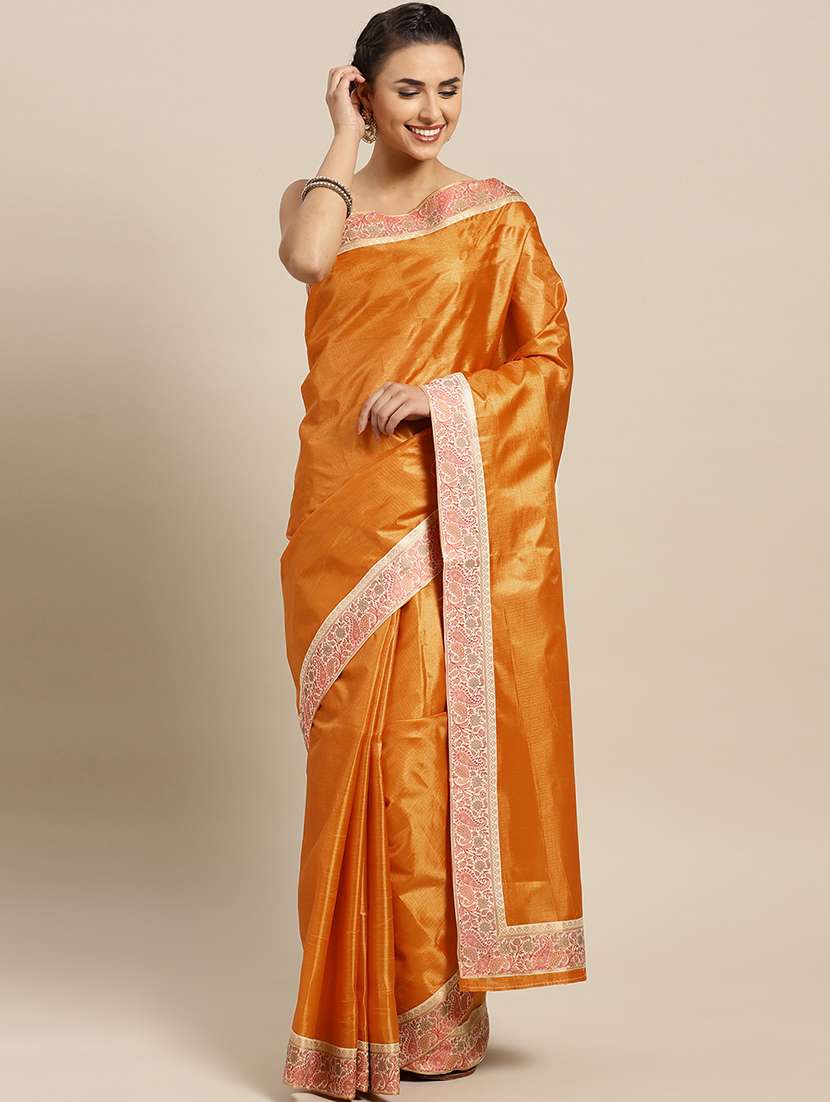 women's bordered orange colored saree with blouse