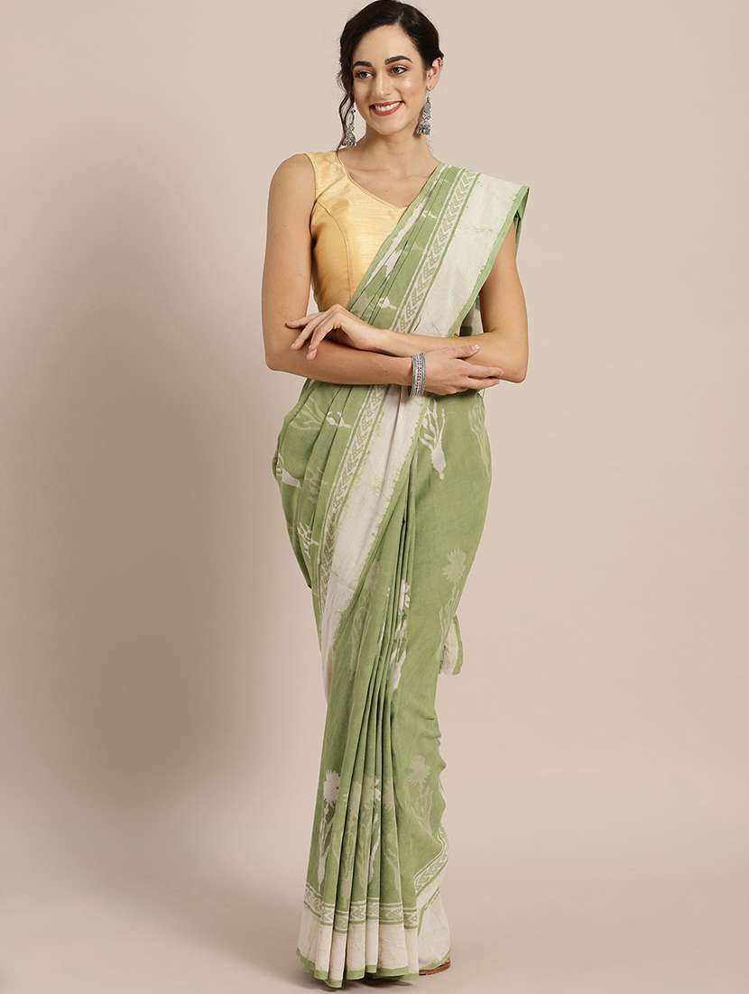 women's block print green colored saree