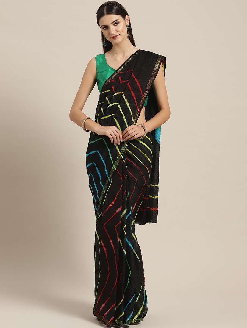 women's leheriya black colored saree with blouse