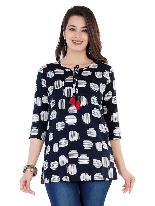 blue tie up neck printed tunic - 17090159 -  Standard Image - 0