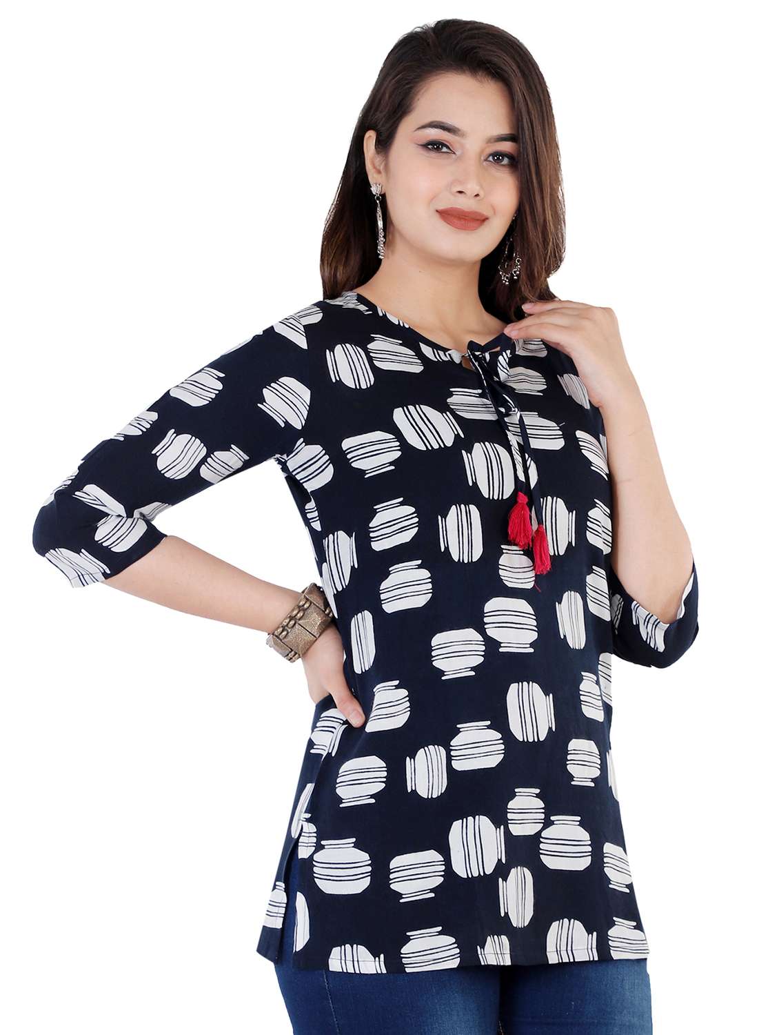 tie up neck printed tunic 
