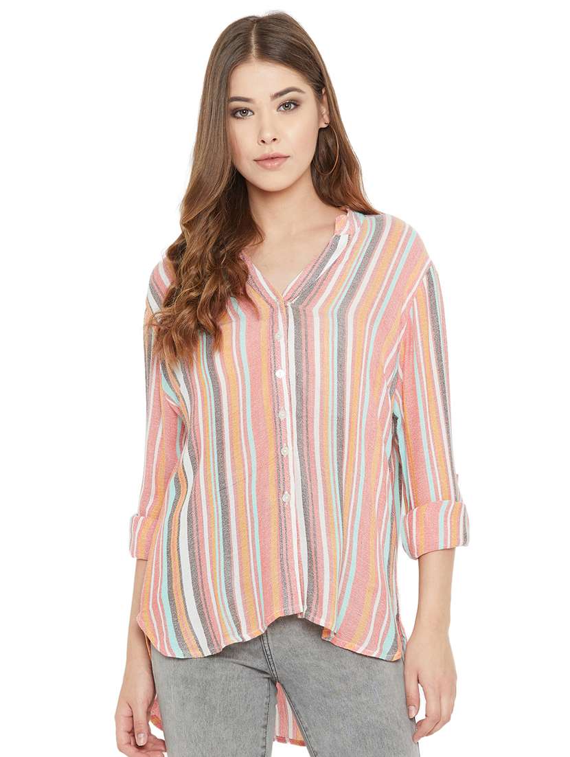 mandarin neck striped high-low shirt 