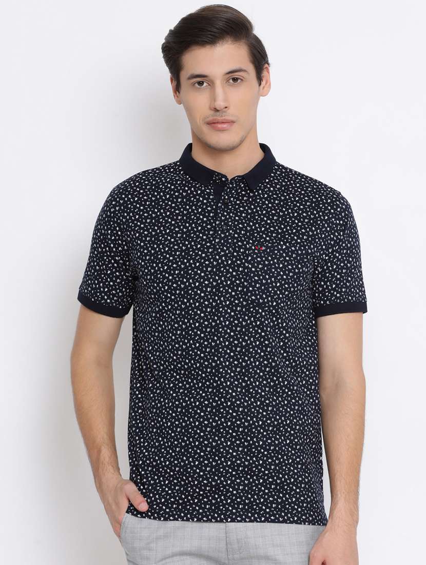 navy blue printed collared t-shirt