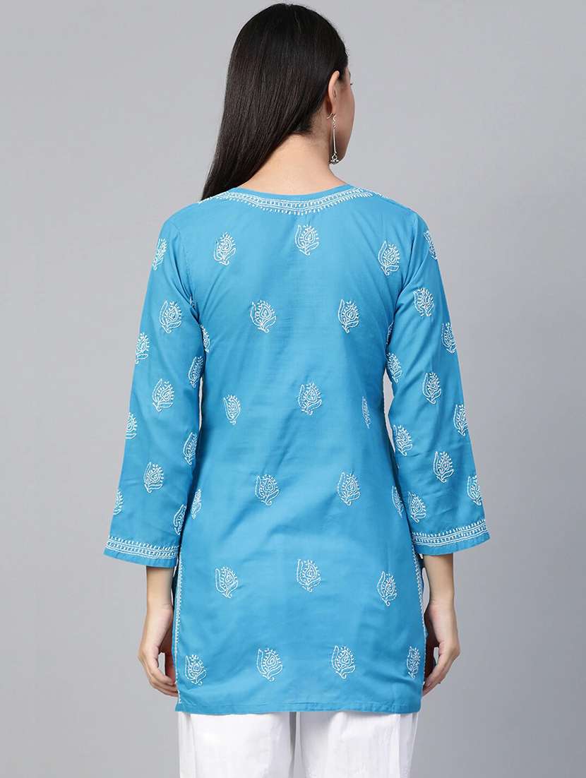 hand-embroidered blue chikankari kurti - 17092958 - Standard Image - 2