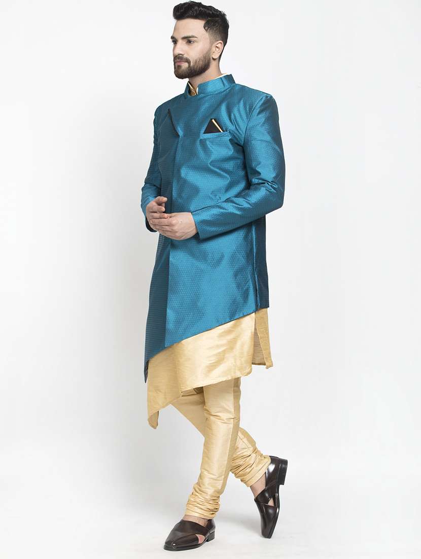 green jacquard silk blend sherwani set - 17095239 - Standard Image - 2