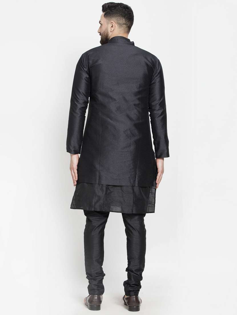black jacquard silk blend sherwani set - 17095353 -  Standard Image - 2