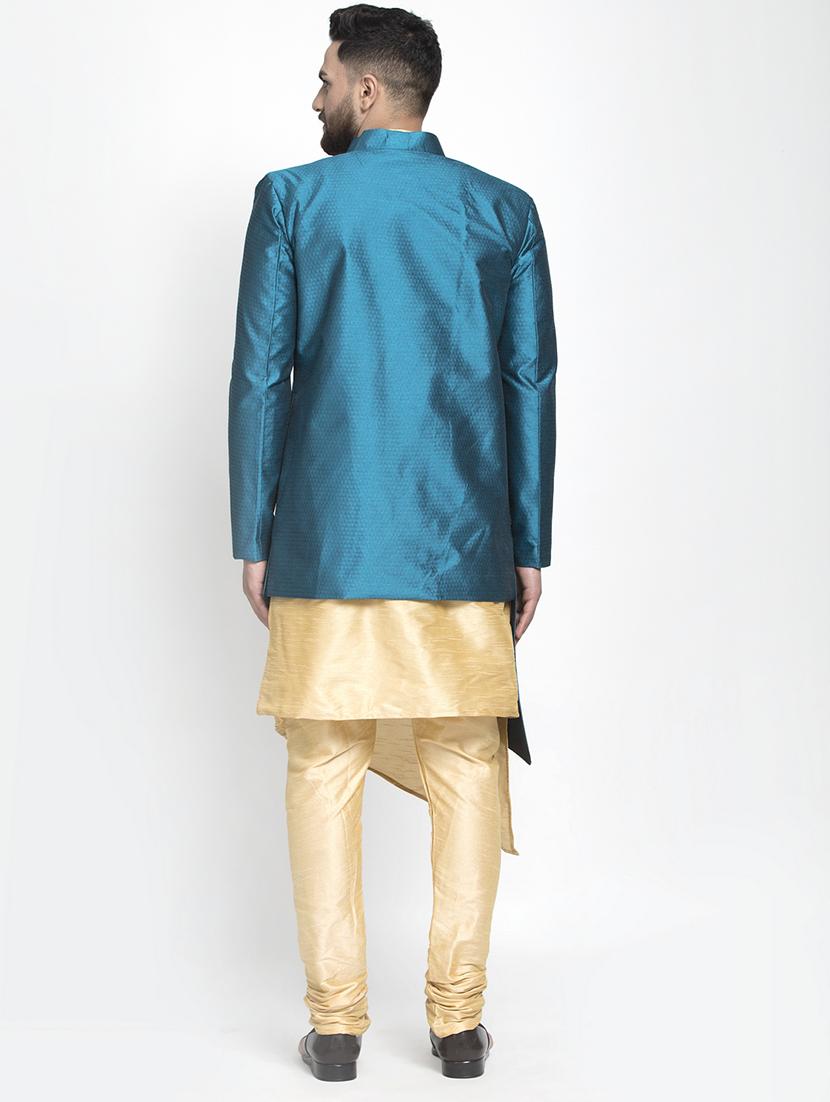 blue jacquard silk blend sherwani set - 17095549 - Standard Image - 2