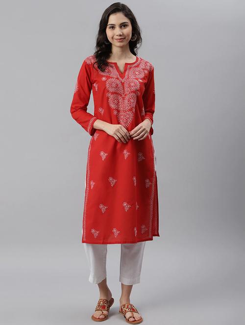 women's cotton staight chikankari red kurta for women - 17098974 - Standard Image - 0
