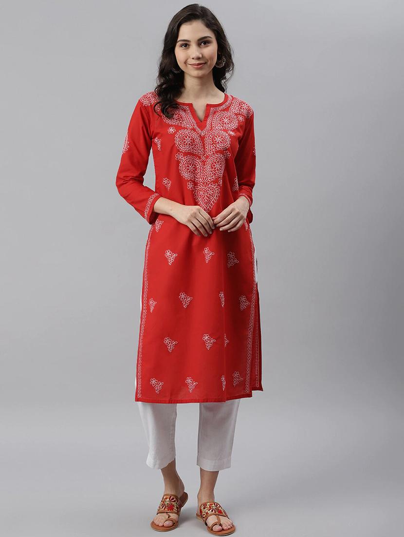 women's cotton staight chikankari red kurta for women