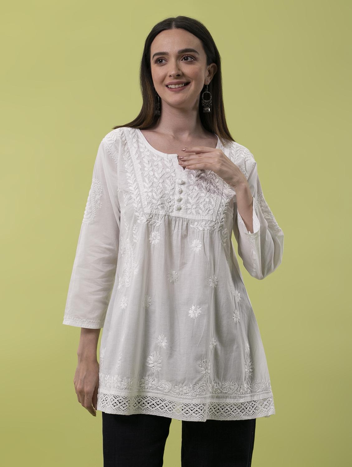  hand-embroidered white chikankari a-line kurti - 17098984 -  Zoom Image - 0