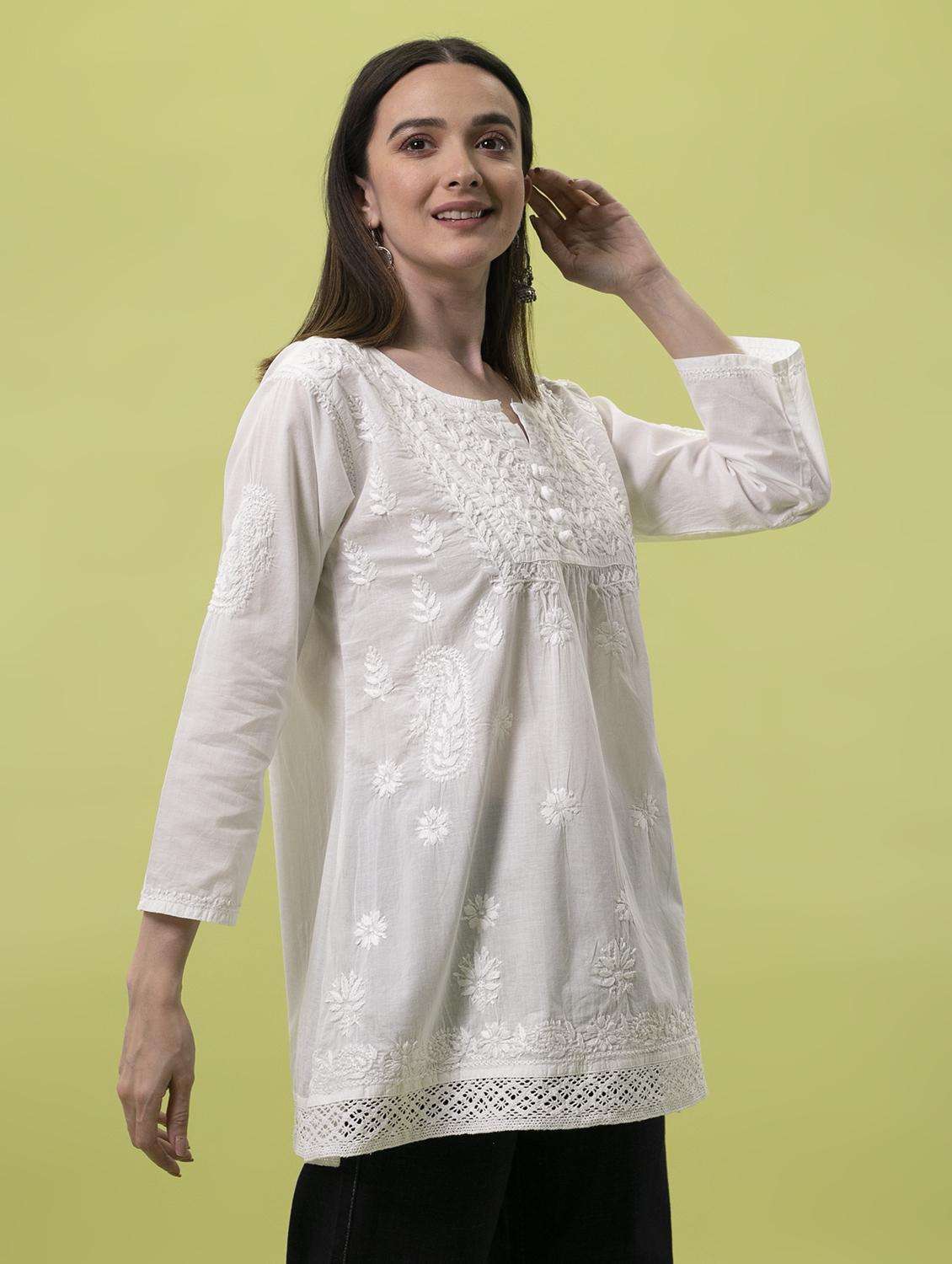  hand-embroidered white chikankari a-line kurti - 17098984 -  Standard Image - 2