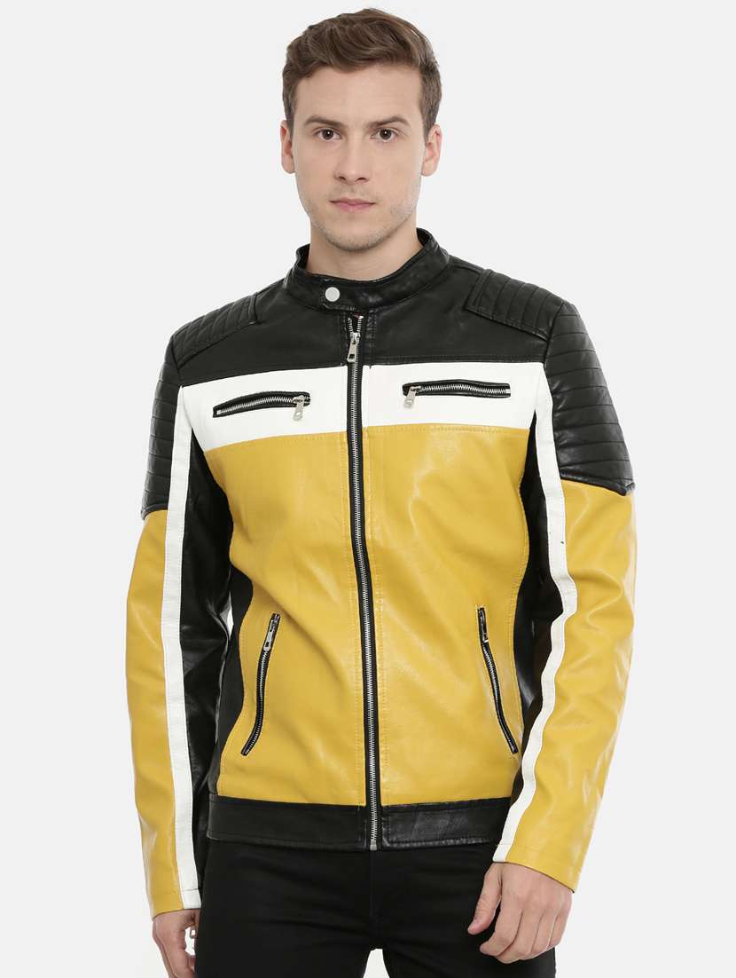 yellow color block pu biker jacket - 17099005 - Zoom Image - 0