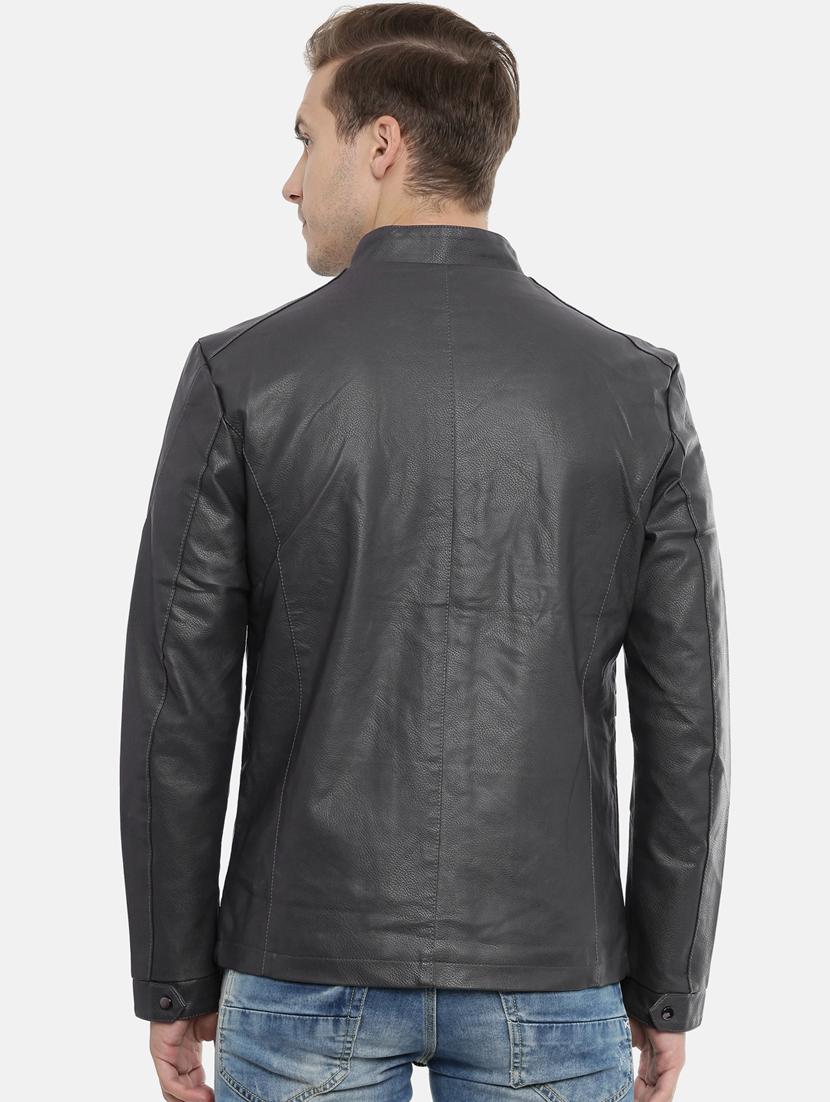 grey solid pu biker jacket - 17099008 - Standard Image - 2