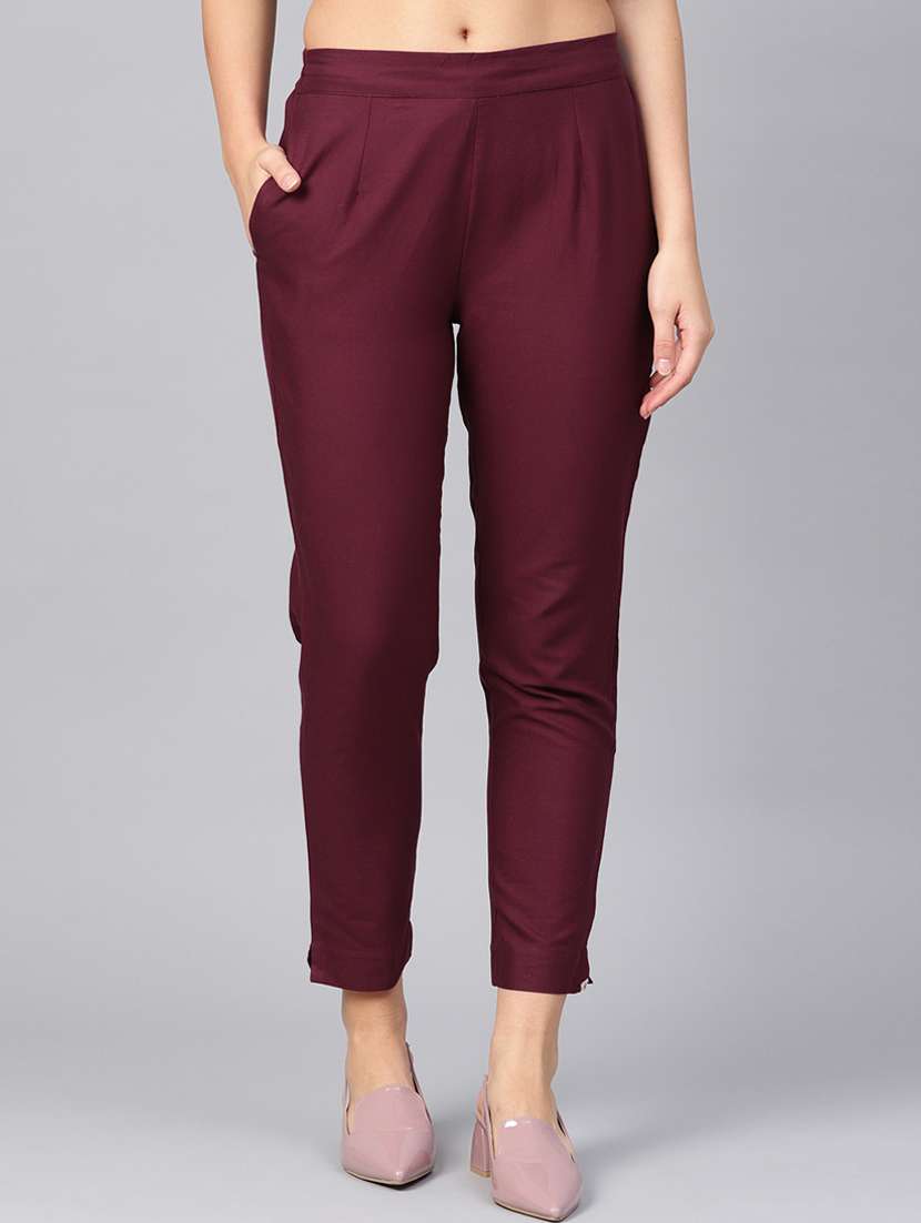 burgundy cotton tapered pant