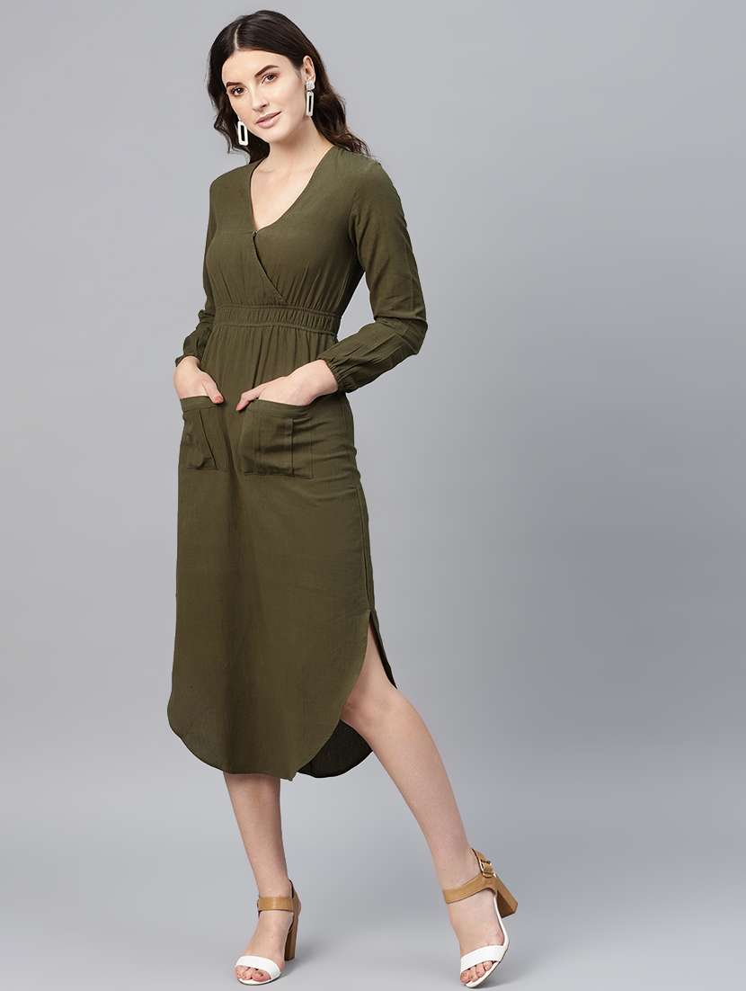 olive front pockets high low dress