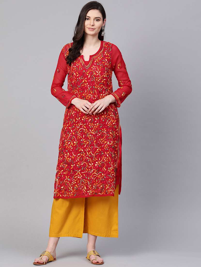 elegante red multi color embroidered chikankari women kurta