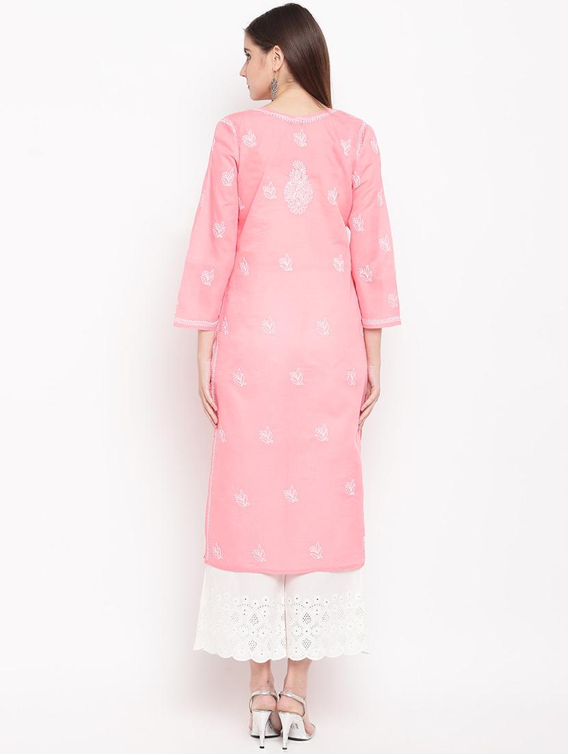 cotton pink color chikankari women lucknowi kurta - 17140420 - Standard Image - 2