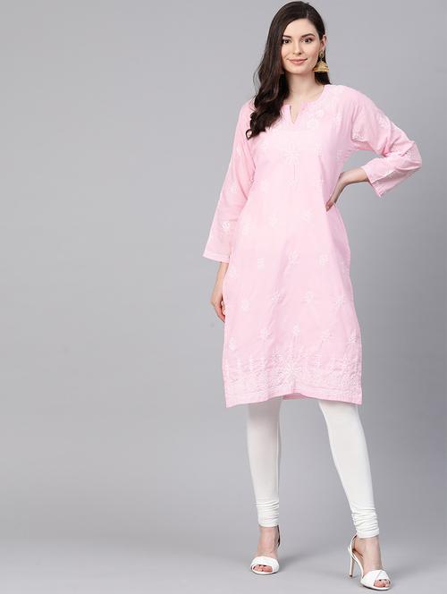 cotton pink knee length chikankari women kurta - 17145515 -  Standard Image - 0