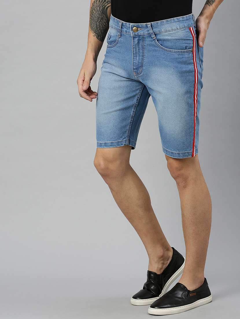light blue side striped washed denim shorts