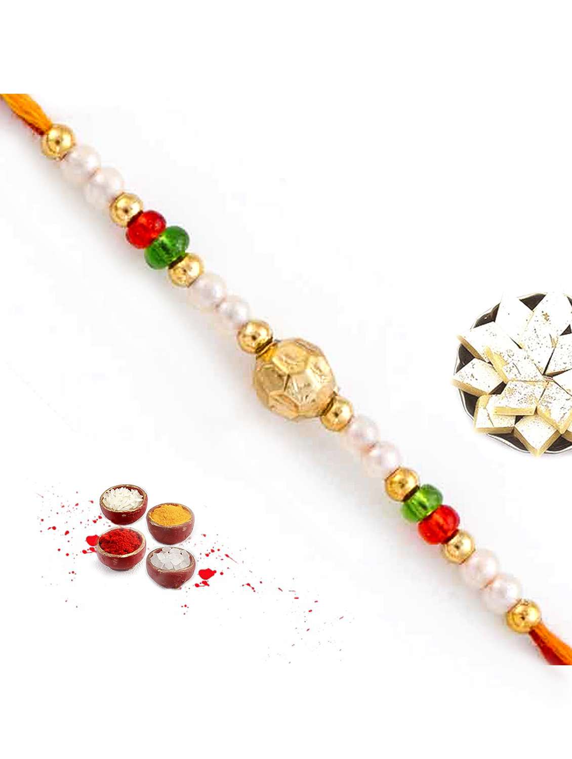 lovely golden ball bead studded rakhi