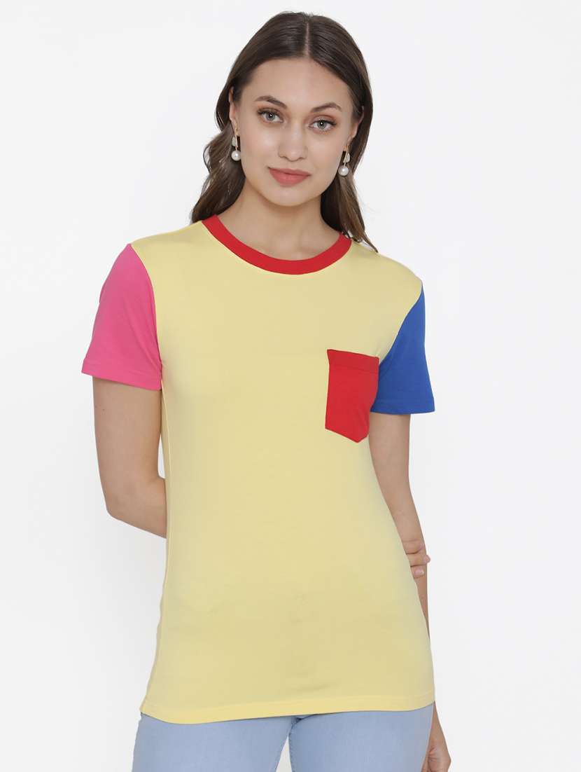 women's color block round neck t-shirt