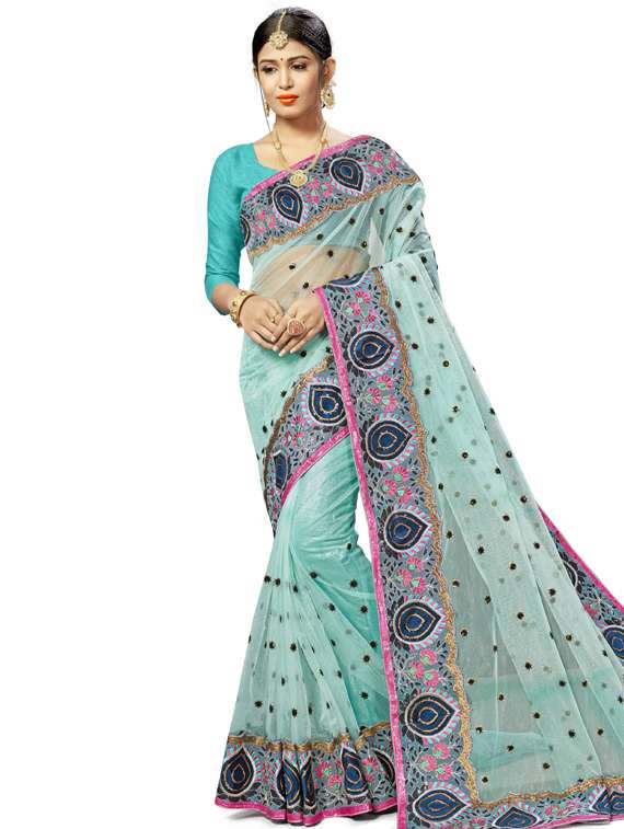 turquoise net embroidered saree