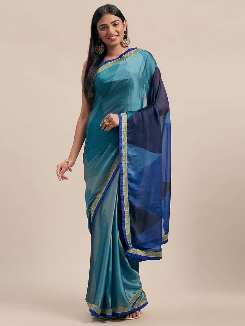 women's color block turquoise colored saree