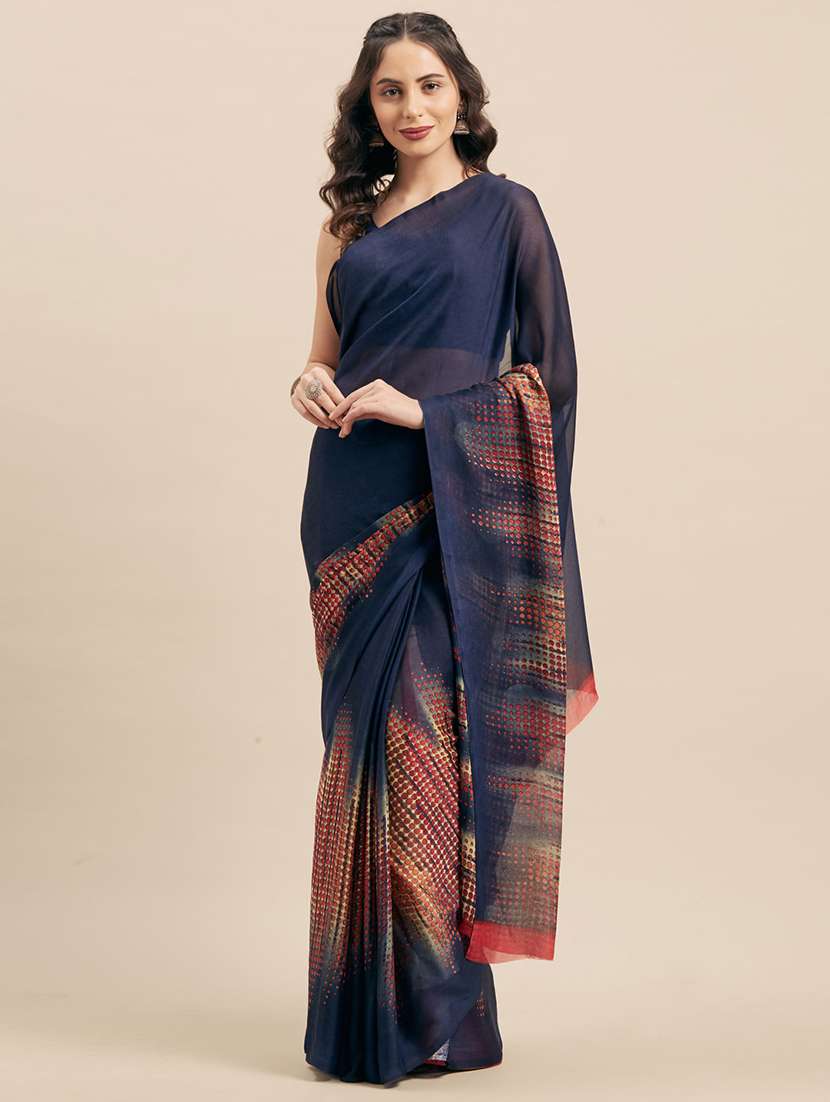 women's geometric navy blue colored saree