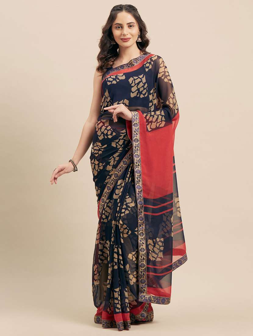 women's abstract navy blue colored saree